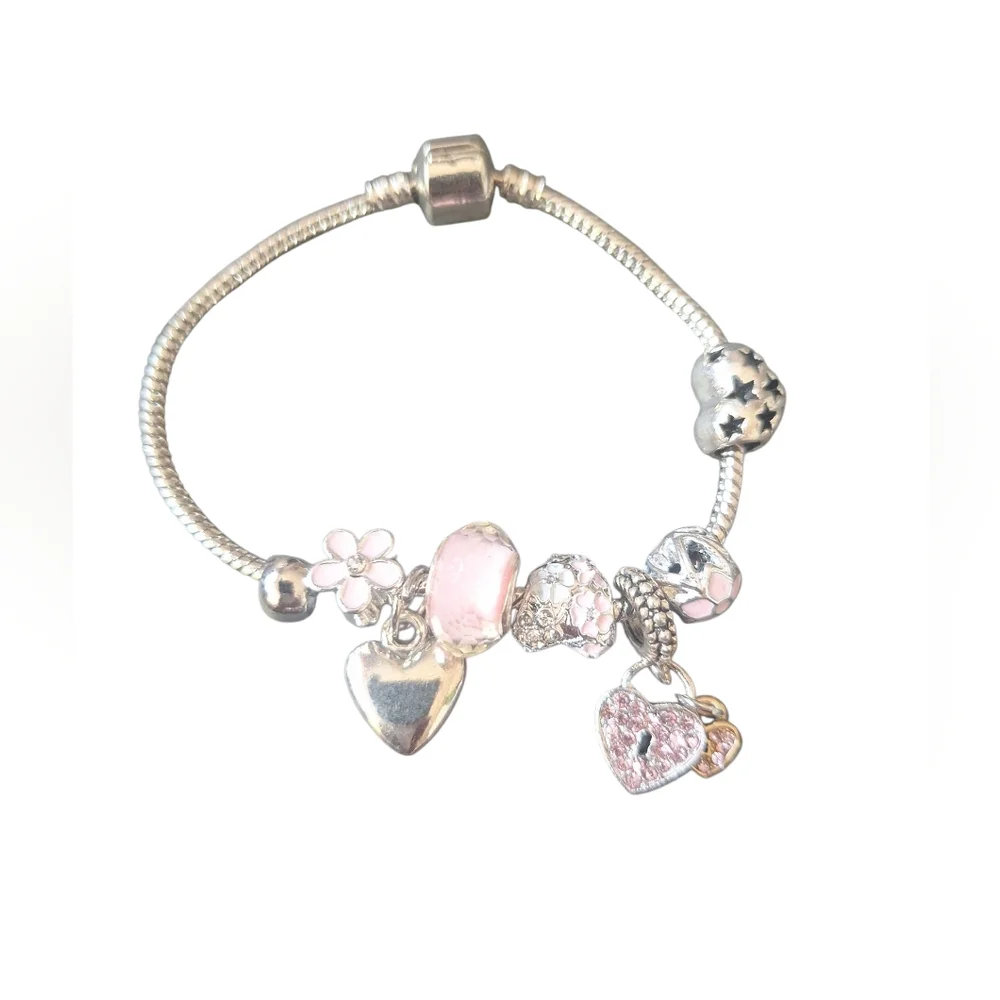 Charming Silver and Pink Heart Bracelet